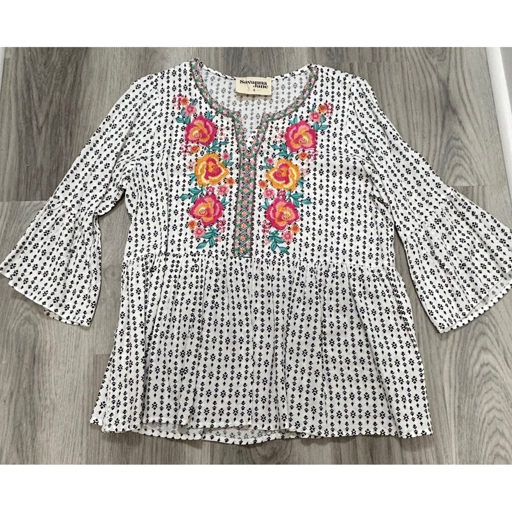 Savanna Jane Floral Embroidered Peasant‎ Blouse White Geometric Bell Sleeve S